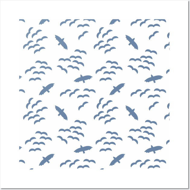 Silhouettes of flying birds. Bird silhouettes blue on a white background. Flock of birds. Swarm of birds. Eagle. Seahawk. Wall Art by Sandra Hutter Designs